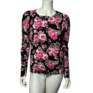 August Silk Heritage Floral Cardigan Black Pink Rose Sweater Knit Button Up